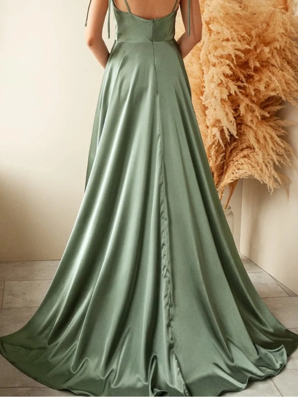 Moira Khaki | Cowl Neck Satin Maxi Dress with High Slit - Picture 6 of 10